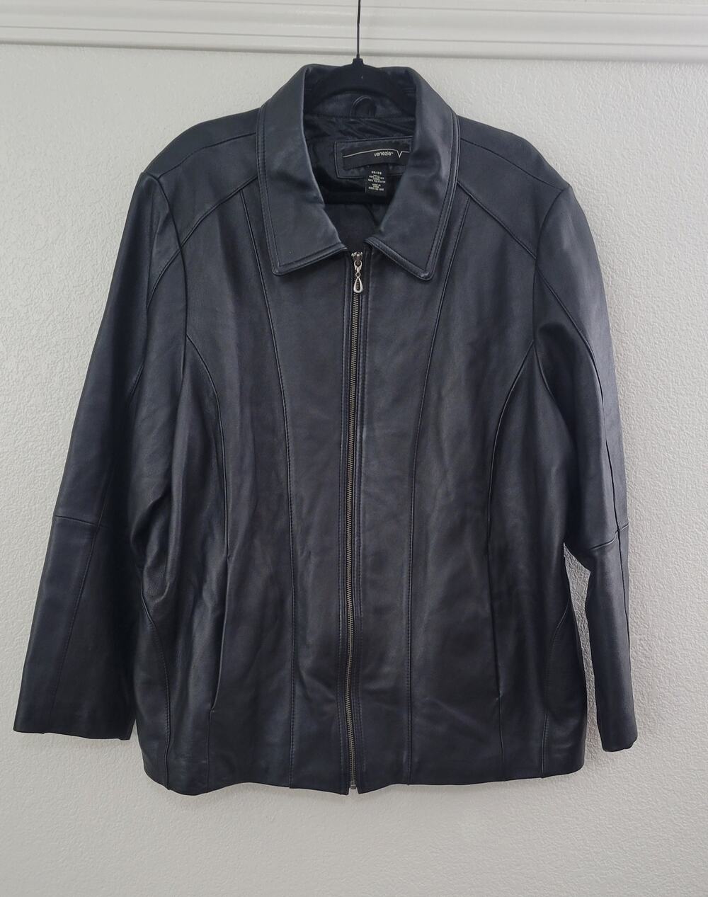 Venezia Black Genuine Leather Jacket Womens 26/28 Plus Size Zip Front Y2K